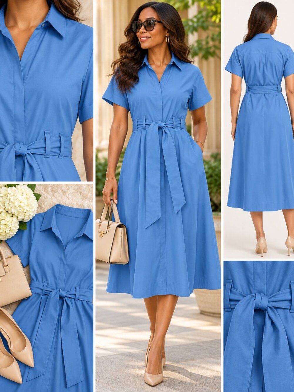 Anne Klein Plus Size Blue Belted Short Sleeve Shirt Midi Dress 18W NWT